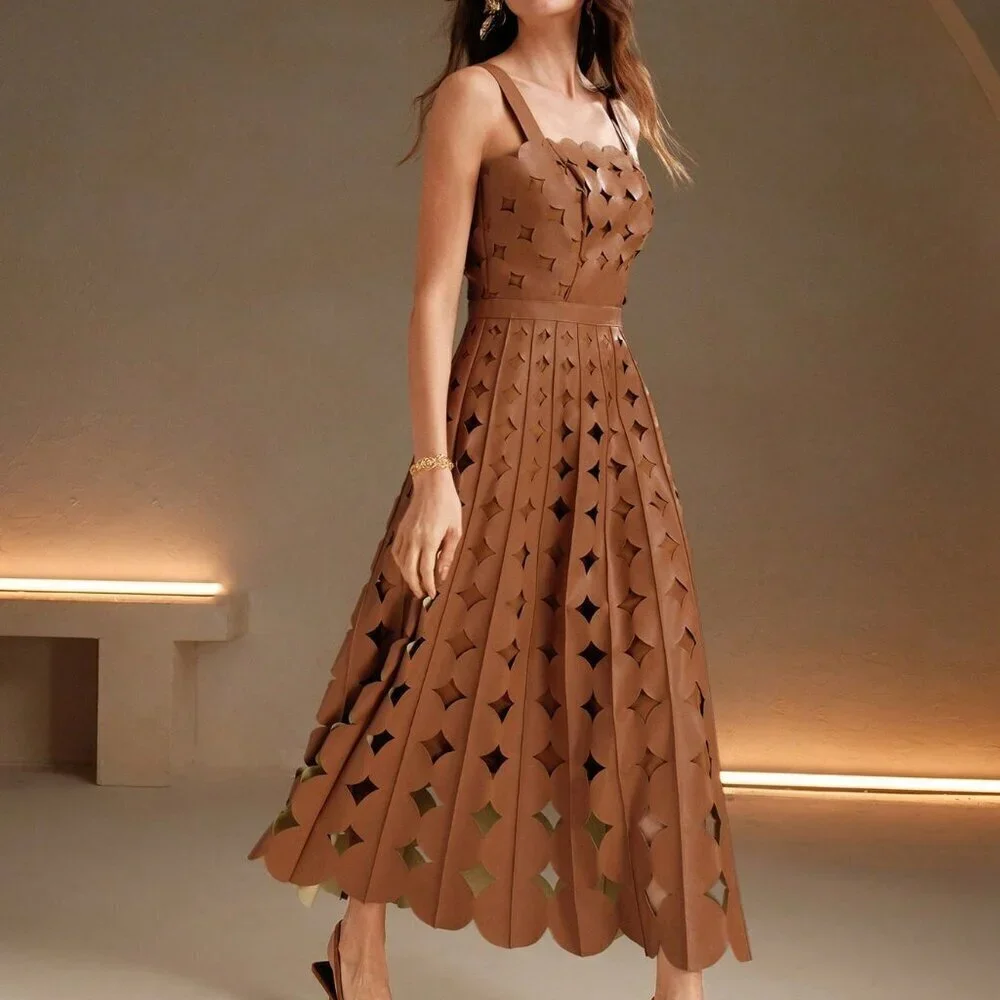 Khaki Elegant Women's Faux Leather Laser Party maxi Dress - Picture 6 of 7